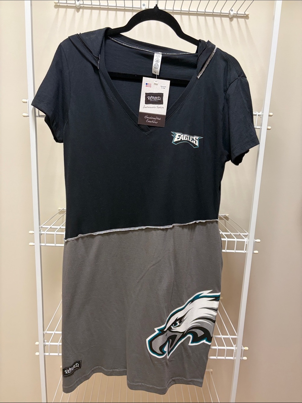Eagles Black and Gray V-Neck Mini Dress with Hood